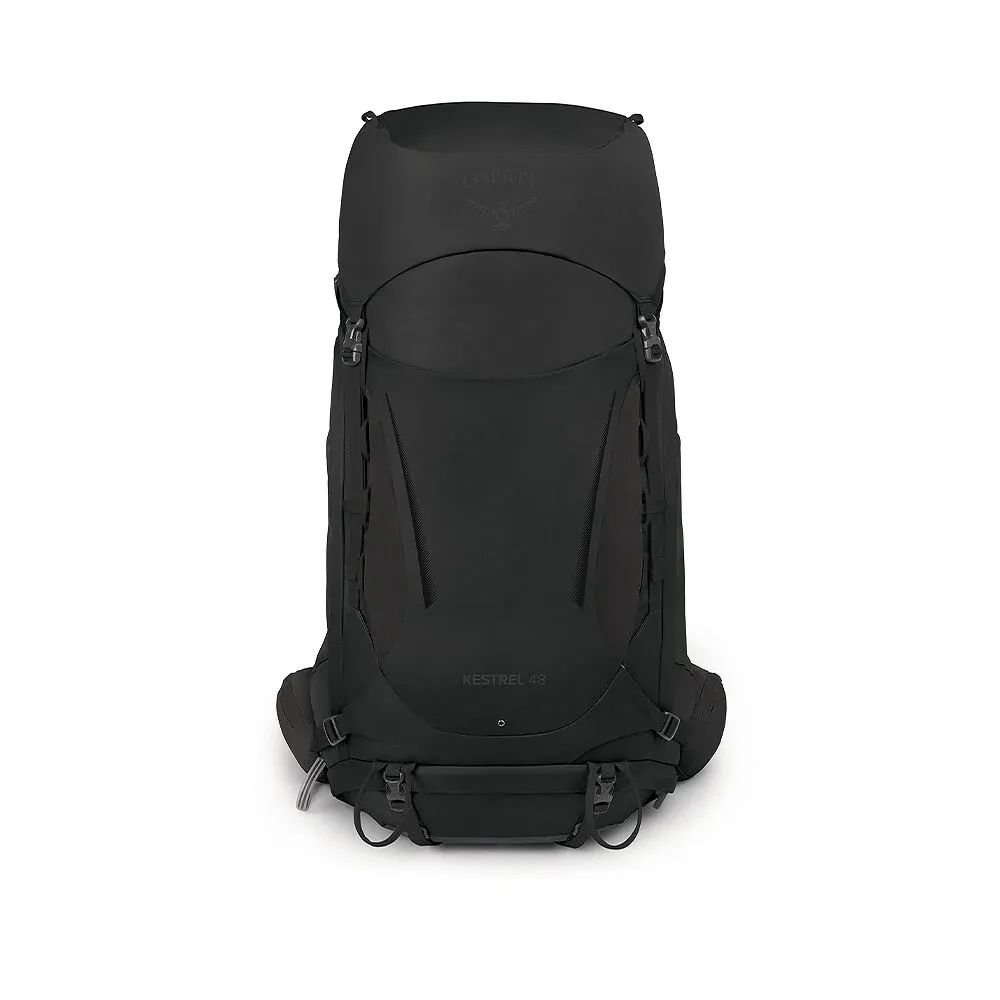 A black Osprey Kestrel 48 hiking backpack standing upright on a white background. Front view showing the Osprey logo at the top, the model name "KESTREL 48" at the bottom, and straps and buckles on the sides and bottom.