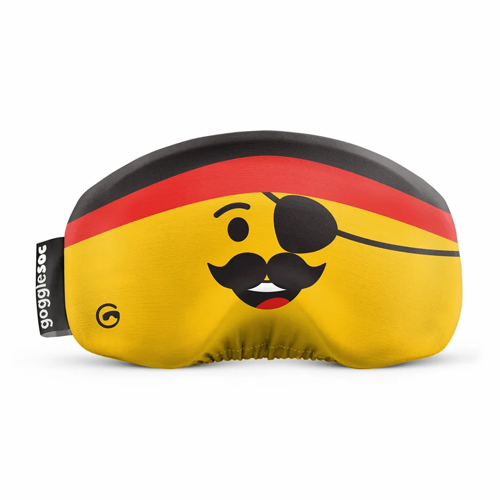 Yellow protective ski goggle cover with pirate motif, eye patches, moustache and German colors at the top.