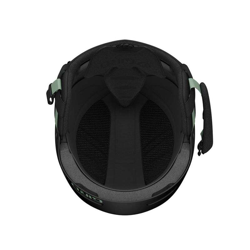 Schwarzer Giro Ledge FS Mips Helm, Innenansicht mit Polsterung und Ohrpolster.
