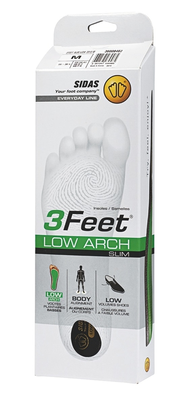 Verpackung der Sidas 3Feet Slim Low Einlegesohlen mit Fußabdruck und Hinweisen für flache Füße.