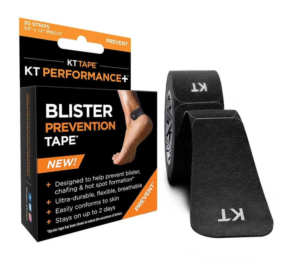KT Performance Blister Prevention Tape in black color. The packaging and an open roll of tape can be seen.