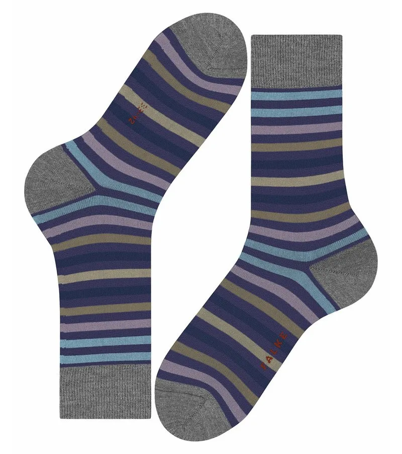 Two Falke men's socks, striped design in viola, gray, blue and brown.