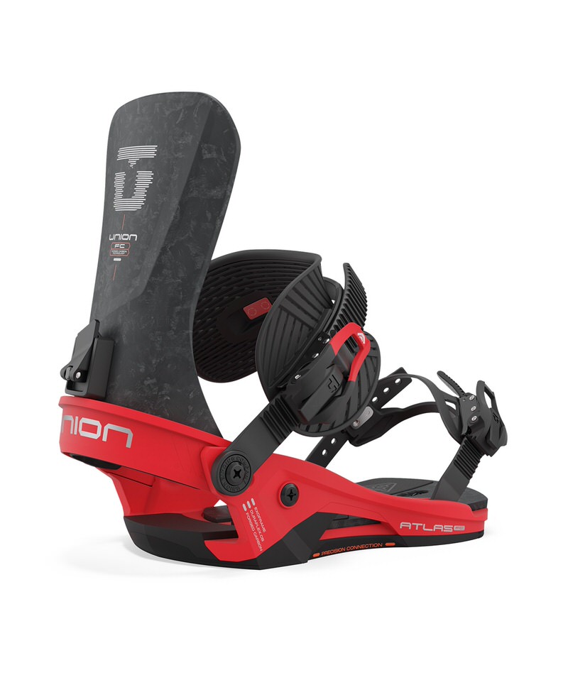 Snowboard binding, Union Atlas FC Race Red, red and black. The binding can be seen from the side.
