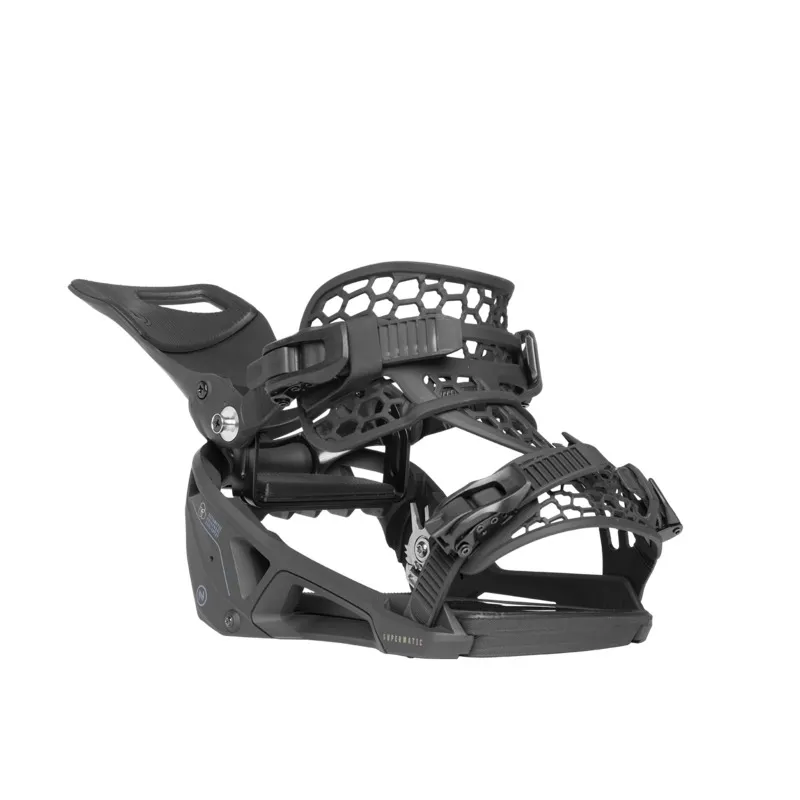 Dark gray snowboard binding with filigree, honeycomb-shaped elements. The text "Supermatic" is legible.