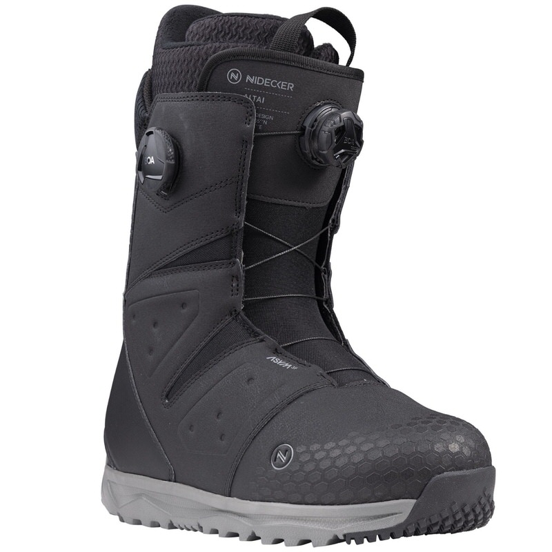 Schwarzer Nidecker Altai Snowboard-Boot mit Boa-Verschluss, seitlich.