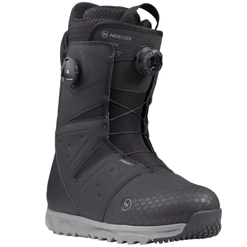 Black Nidecker Altai snowboard boot with boa fastener, sideways.