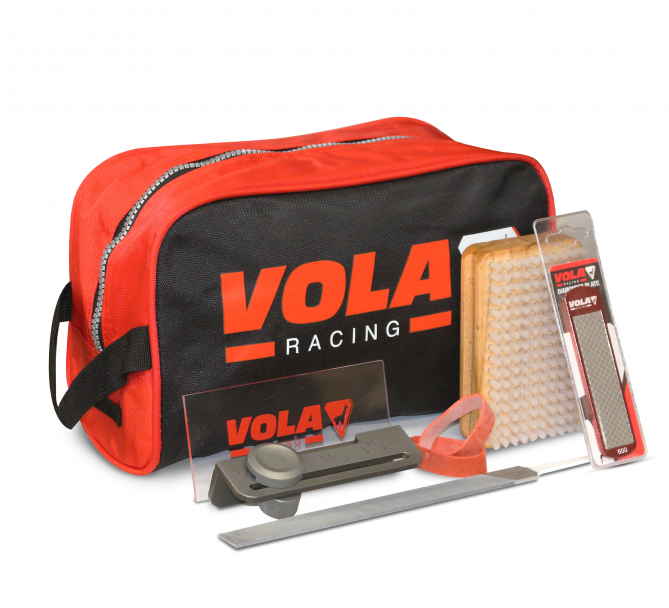 Vola Tuning Kit Essential: Tasche, Feile, Diamant, Bürste, Stoppergummi und Abziehklinge für Ski Tuning.