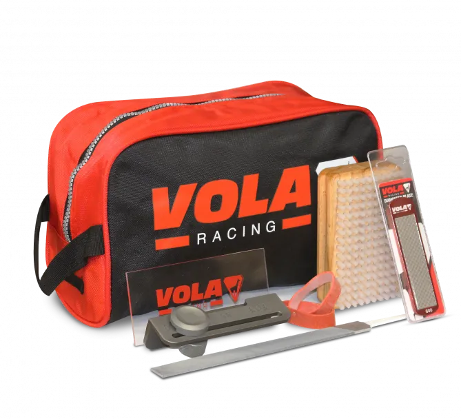 Vola Tuning Kit Essential: bag, file, diamond, brush, stopper rubber and scraper blade for ski tuning.