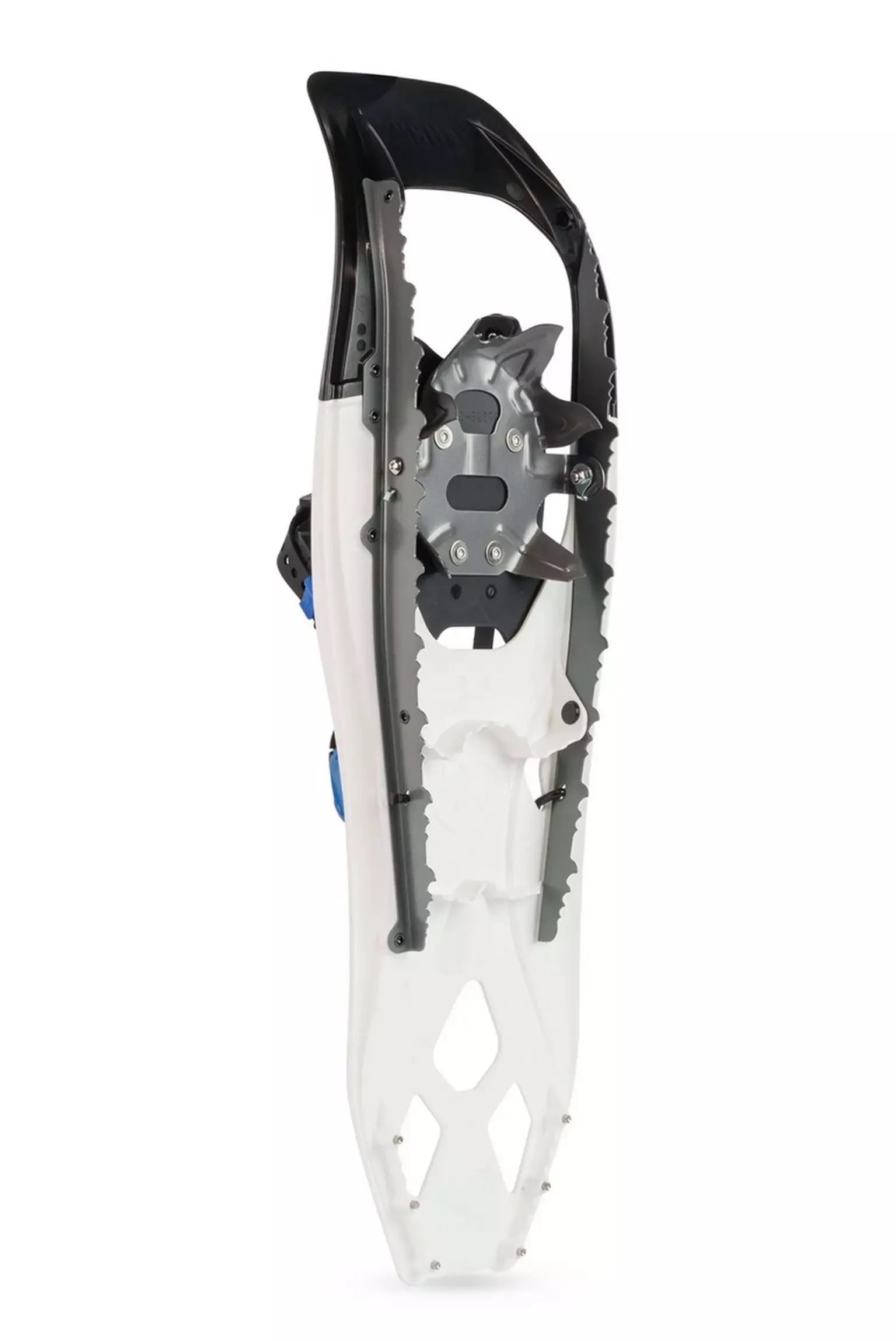 Vue latérale d'une raquette à neige Tubbs Flex Alp 25 blanche/bleue pour hommes. La fixation ActiveFit 2.0 est visible.