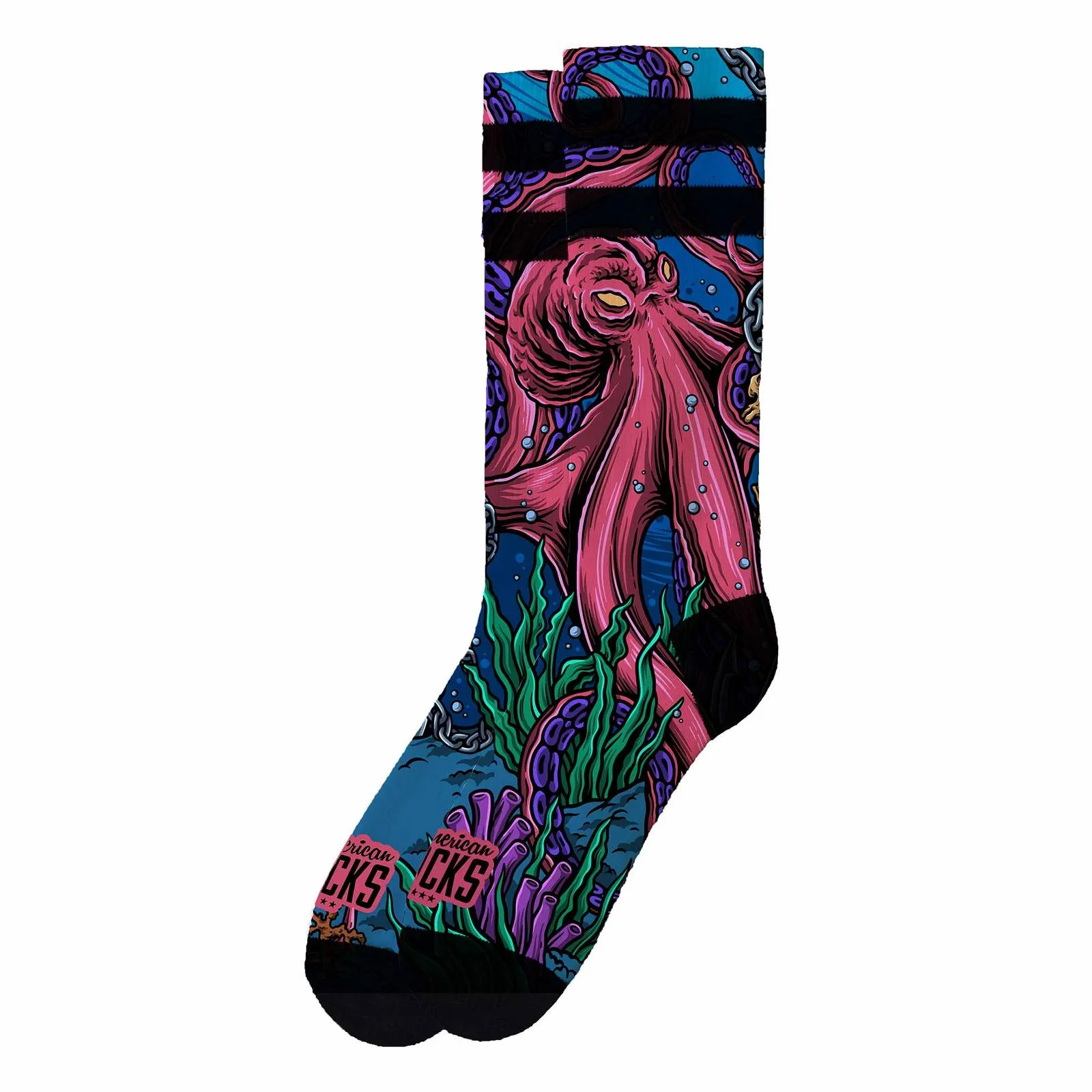 Eine Socke der Seacreatures Giftbox mit Kraken-Motiv und Algen auf blauem Grund.