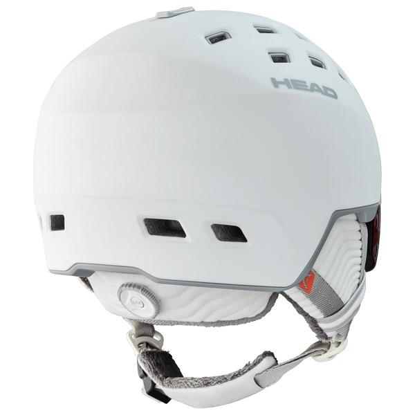 Weißer Skihelm "Head Rachel White Mips" von hinten, mit Belüftungslöchern und Kinnriemen.