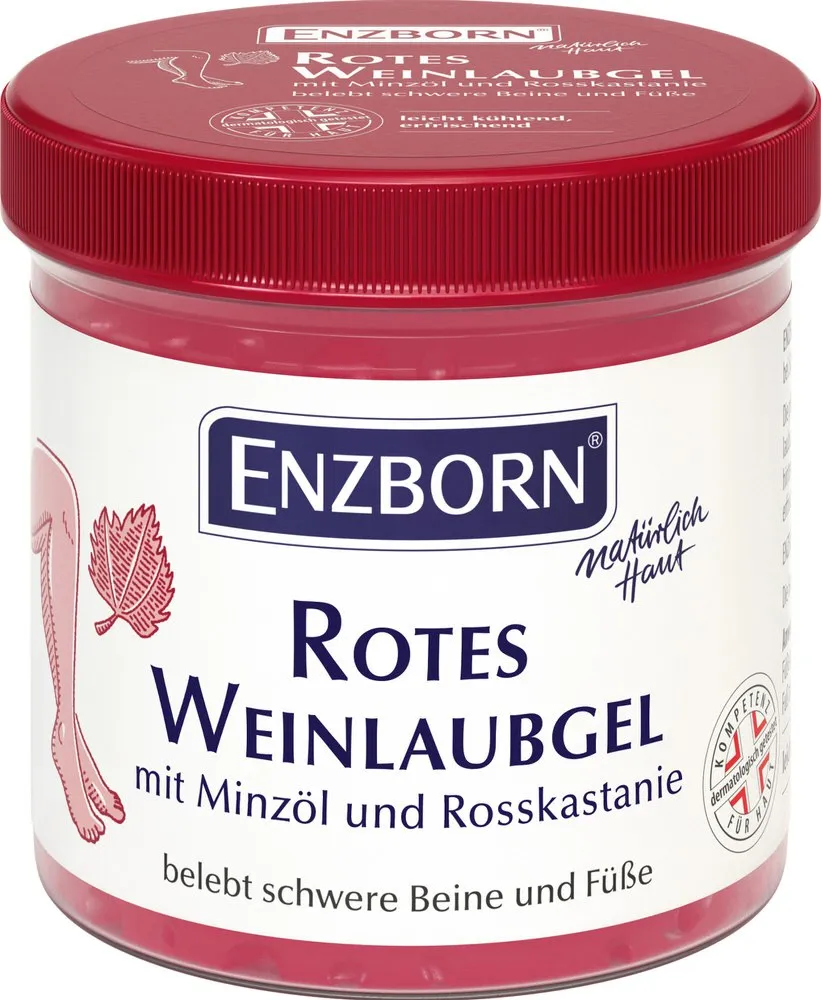 Tin with red vine leaf gel from Enzborn. The label shows a leg, vine leaf and lettering.