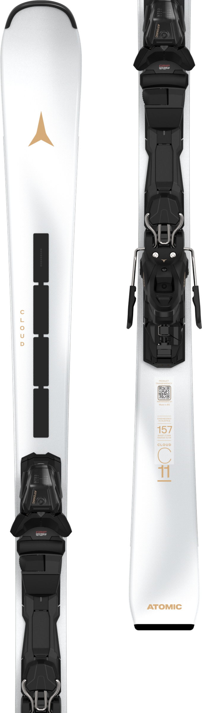 Weißer Ski mit schwarzer Bindung und braunen Akzenten. "Atomic" und "Cloud" ist auf dem Ski zu lesen. Skilänge 157 cm.