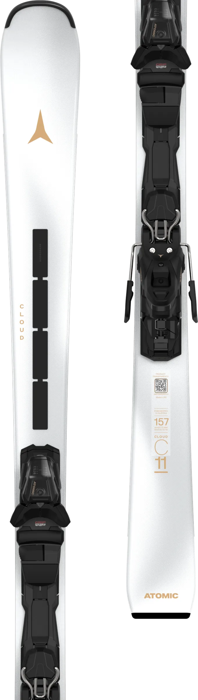 White ski with black bindings and brown accents. "Atomic" and "Cloud" can be read on the ski. Ski length 157 cm.