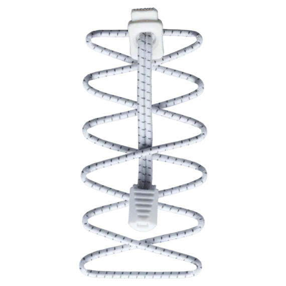 White, reflective laces with elastic cord and plastic fastener.