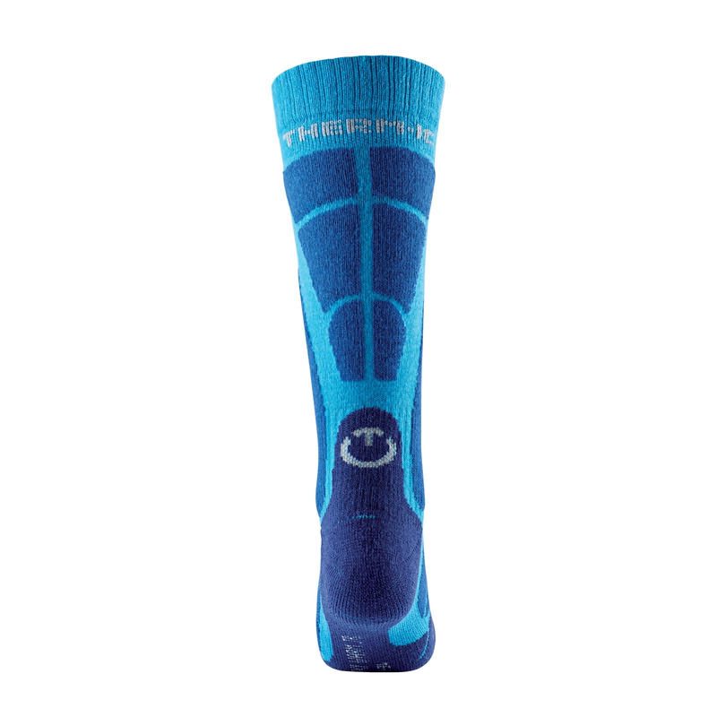 Blaue Therm-ic Ski Warm Junior Socke, von vorne gezeigt, mit hellblauen Akzenten und Logo.
