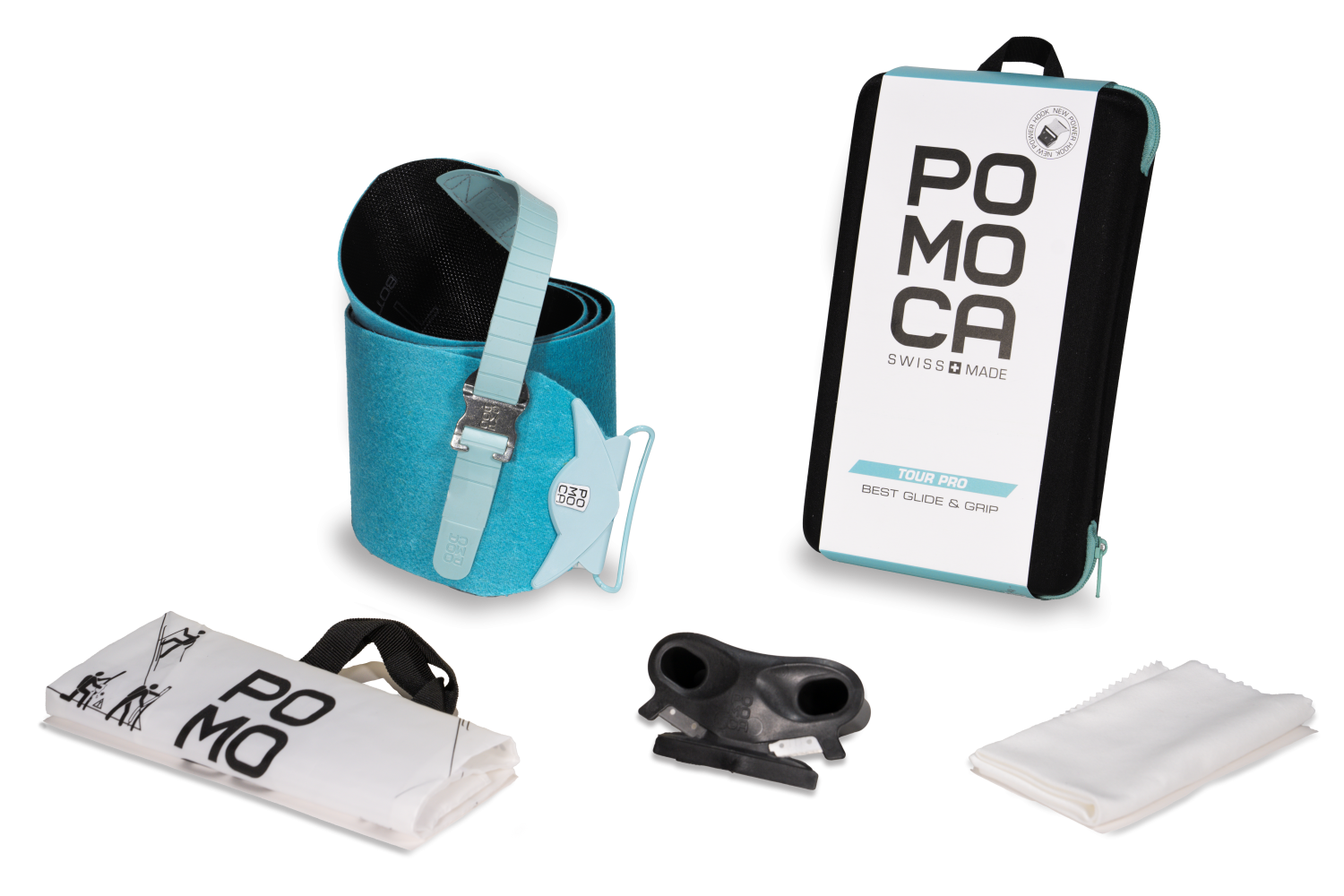 A set for ski touring equipment with skin roller, bag, pouch, cleaner and mounting aid on a white background.