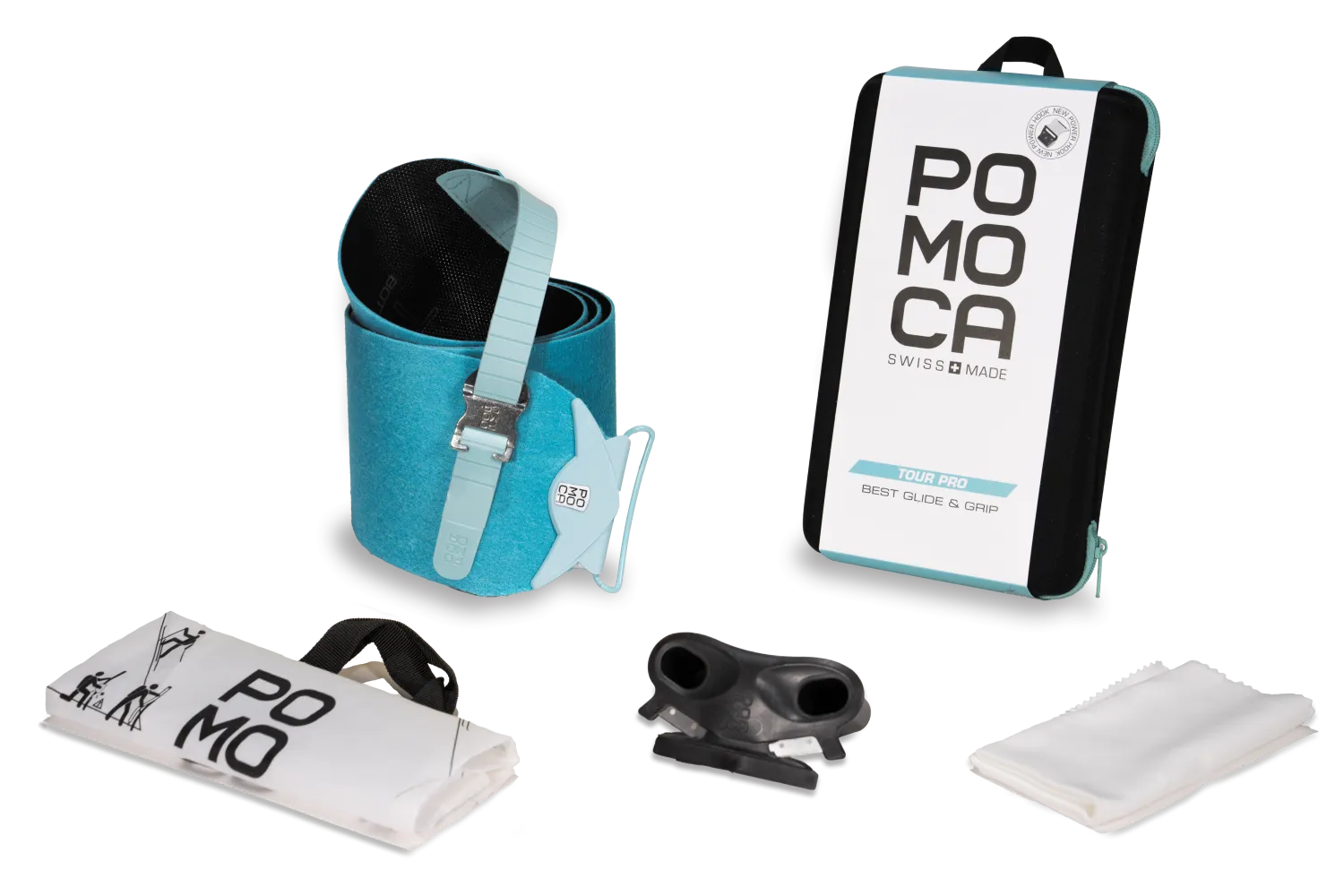 A set for ski touring equipment with skin roller, bag, pouch, cleaner and mounting aid on a white background.