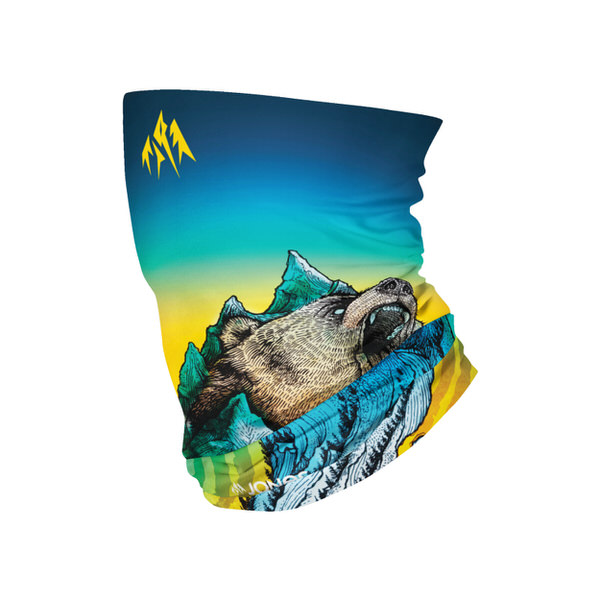 Chauffe-cou Grizzly Peak turquoise avec motif d'ours dans un décor de montagne, sans coutures et rond.