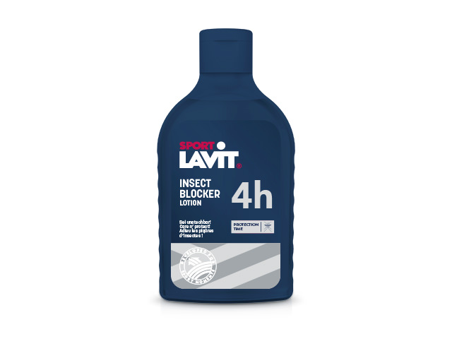 Flacon bleu foncé Sport Lavit Insect Blocker Lotion avec une inscription blanche promettant une protection contre les insectes.