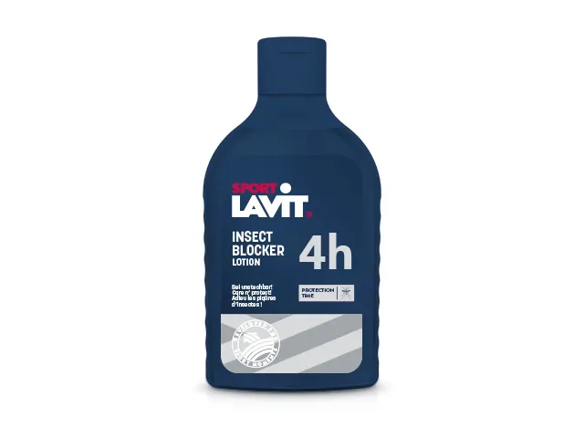 Dunkelblaue Flasche Sport-Lavit Insect Blocker Lotion mit weißer Schrift, die Schutz vor Insekten verspricht.