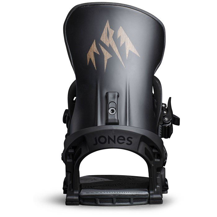 Black Jones Apollo snowboard binding, front view, with logo on the highback.