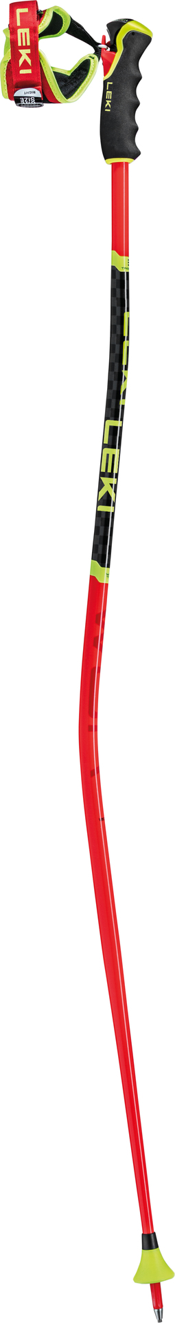 Roter Leki WCR TBS GS 3D Skistock mit Schlaufe, schwarzem Griff und gelben Akzenten.