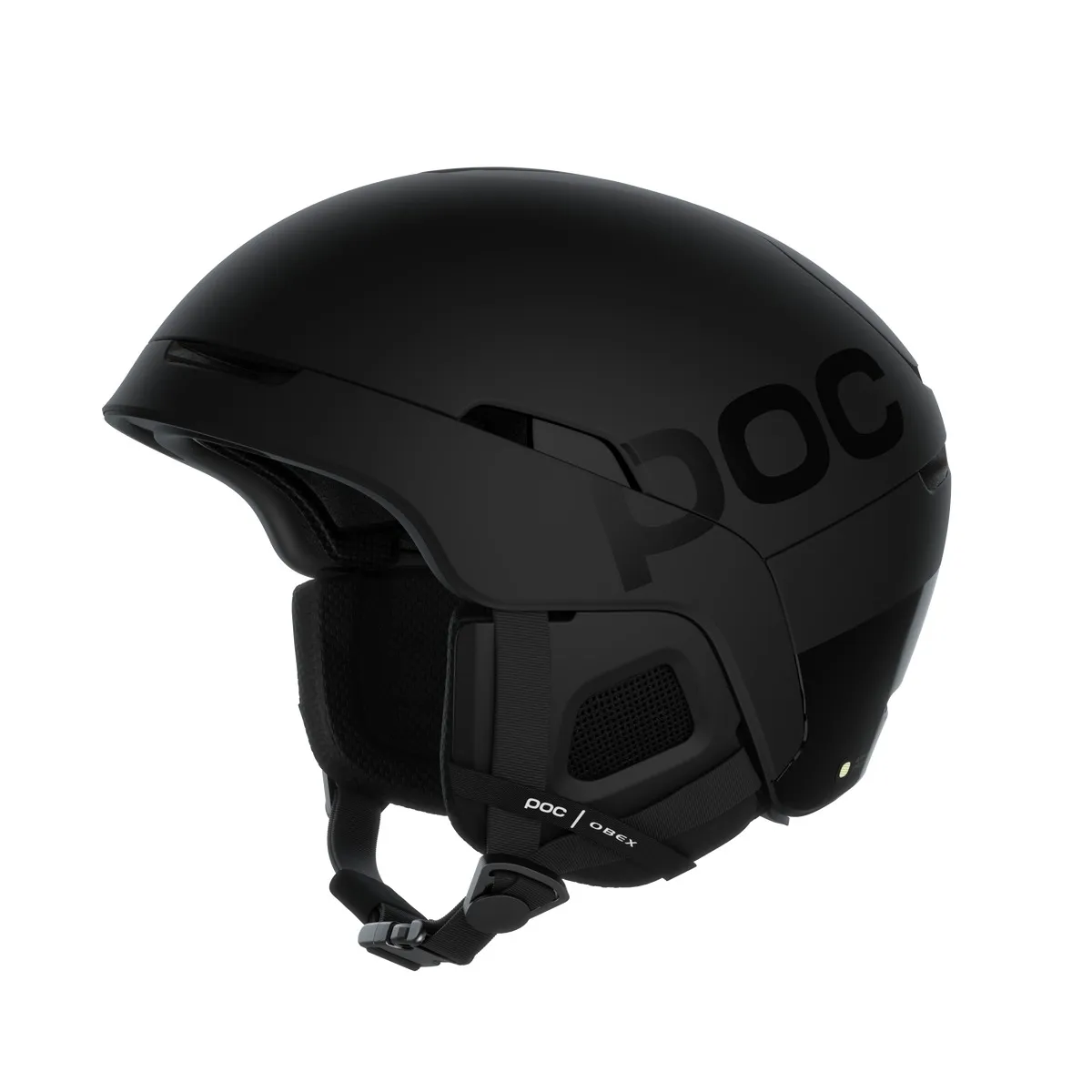Black ski helmet `Poc Obex BC Mips` with ventilation and ear protectors, POC lettering on the side, chin strap visible.