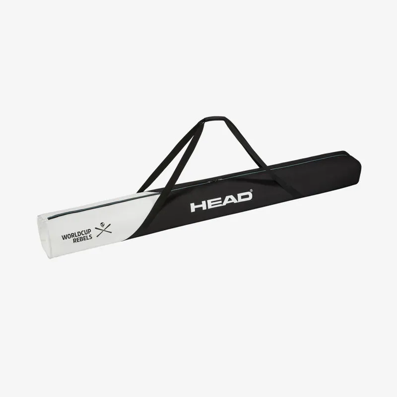 Sac à skis "Head Rebels Single" en blanc/noir avec sangles de transport.