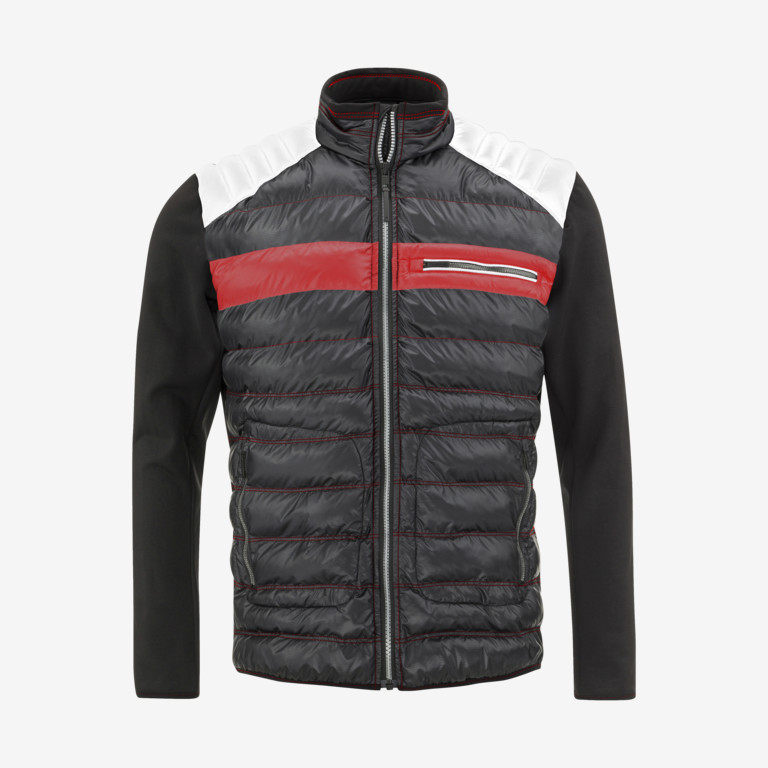 Veste noire Porsche Ski Midlayer pour hommes avec épaules blanches, poitrine rouge et fermeture éclair.