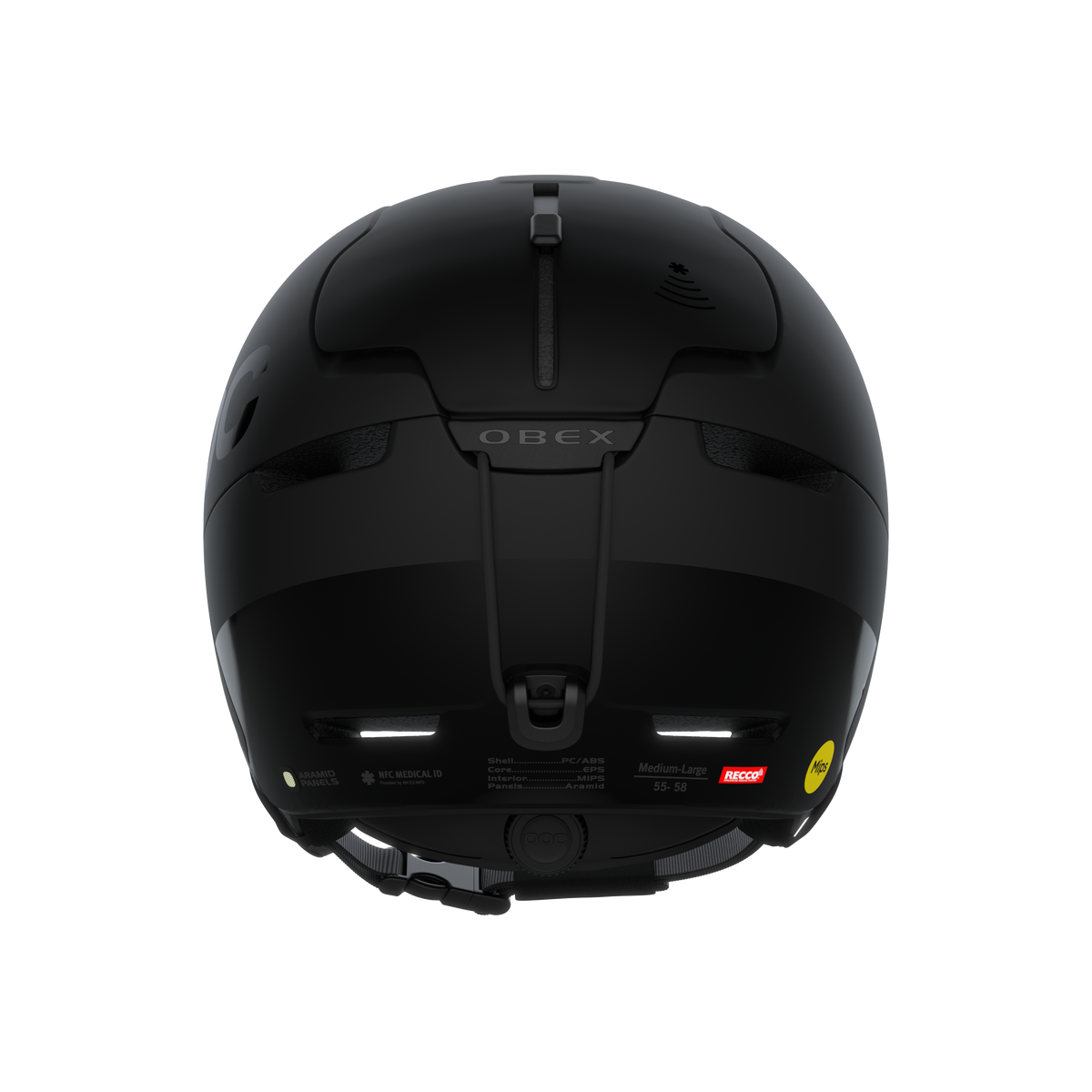 Schwarzer Skihelm POC Obex BC Mips von hinten. Sichtbar sind RECCO-Reflektor, Mips-Logo, Größenangabe und NFC Medical ID.