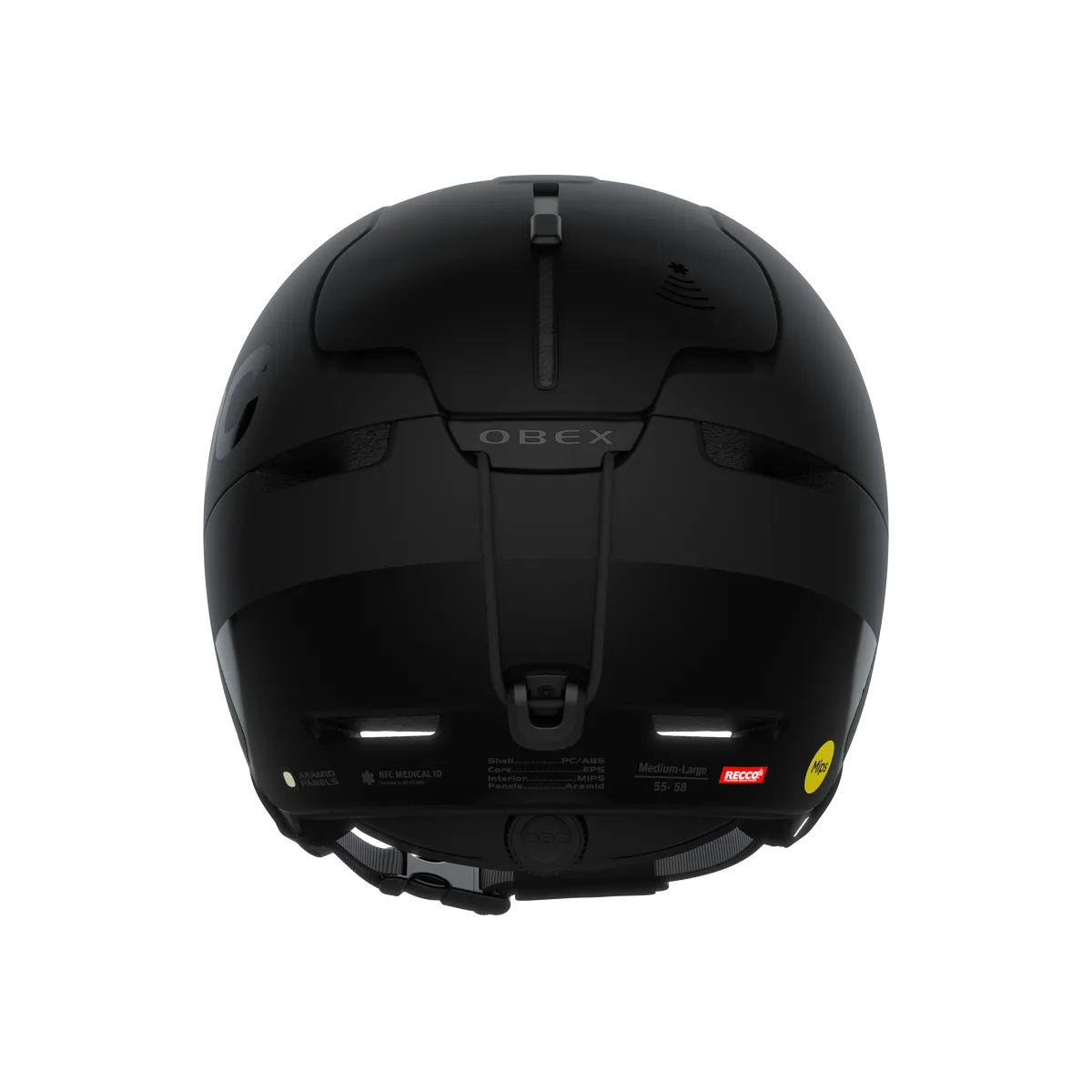 Casque de ski noir POC Obex BC Mips vu de l'arrière. Sont visibles le réflecteur RECCO, le logo Mips, l'indication de la taille et le NFC Medical ID.