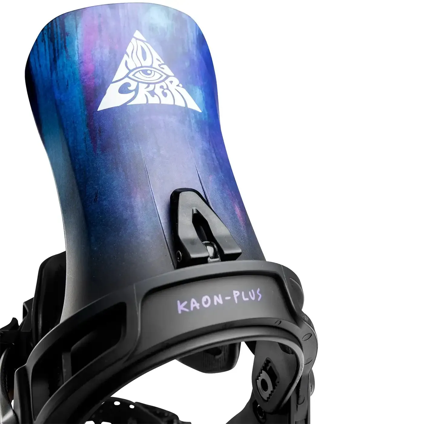 Black snowboard binding with blue and purple pattern, white triangle logo and purple "KAON-PLUS" lettering on the foot section.