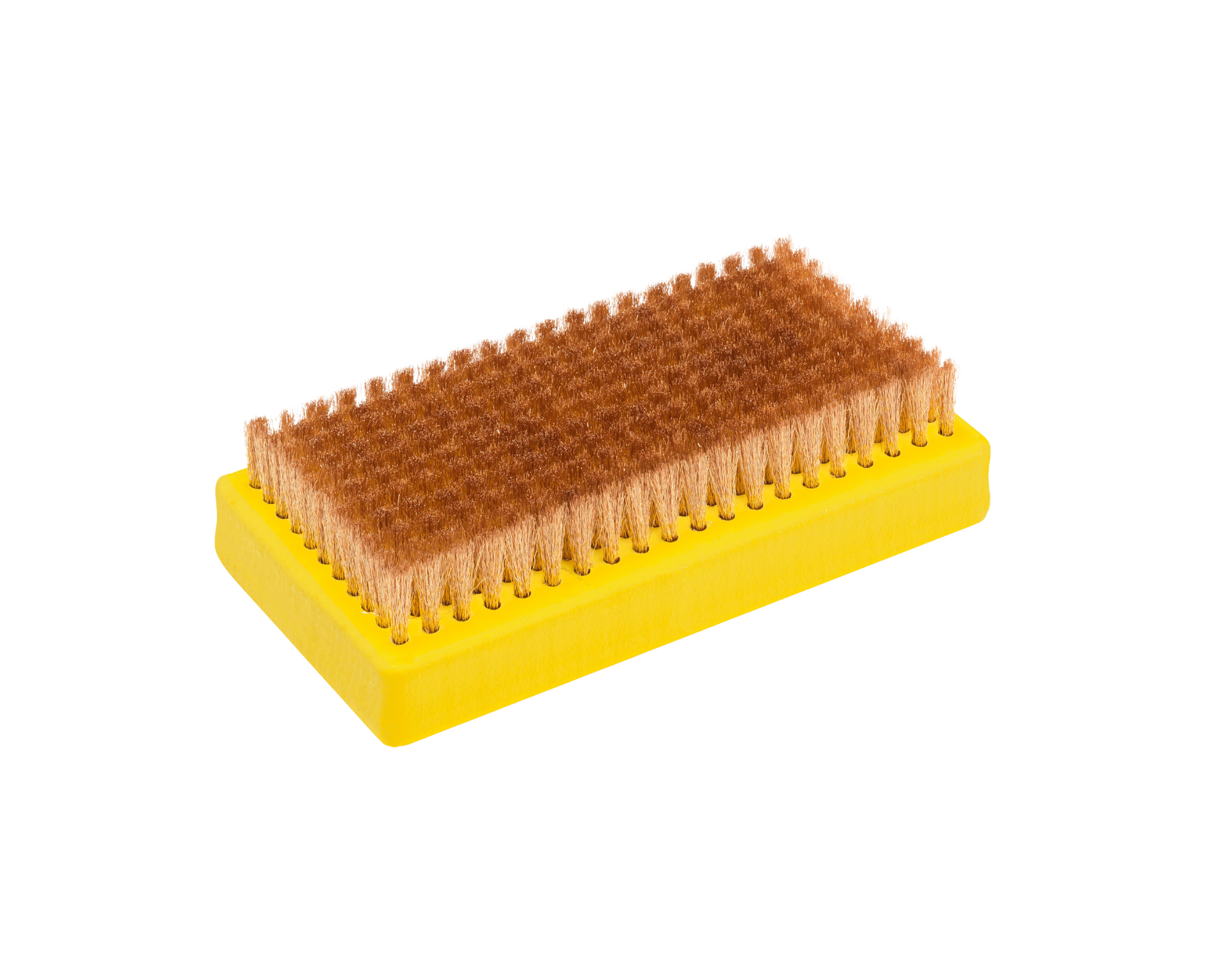 Rechteckige Bürste mit gelbem Griff und dichten, braunen Kupferborsten für die Skipflege.