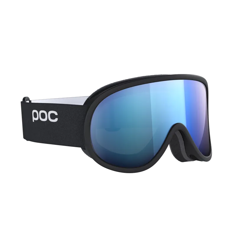 Occhiali da sci POC Retina Mid neri con lente cilindrica blu specchiata.
