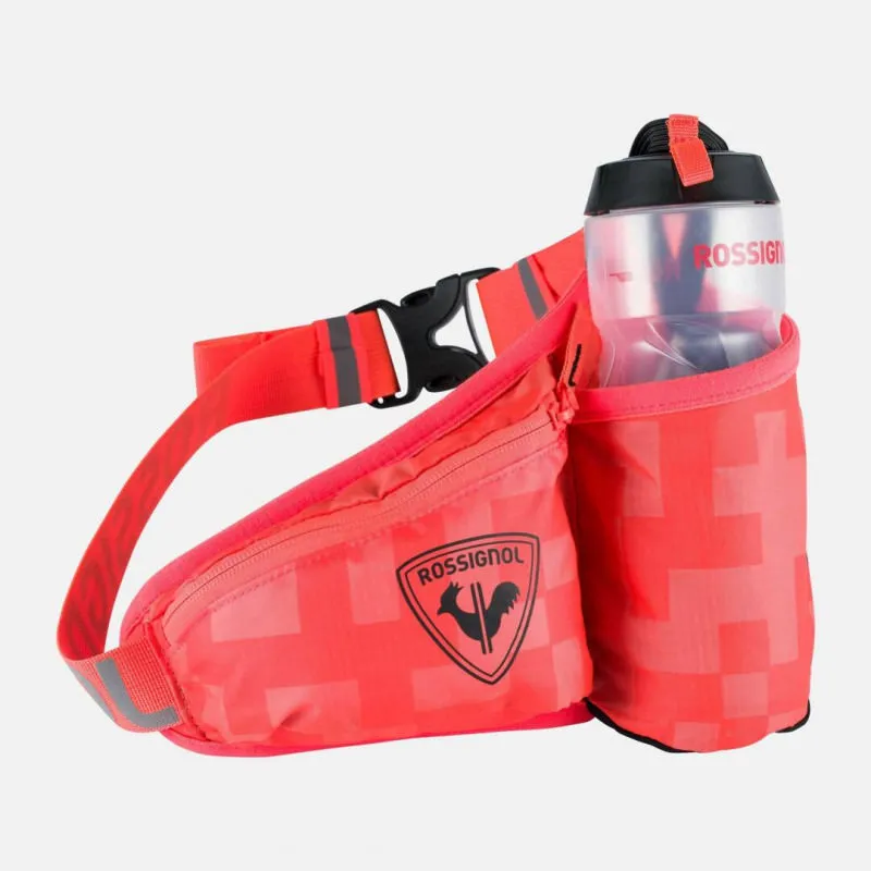 Red Rossignol hip bag with bottle, holder and zippered pocket. Reflective details.