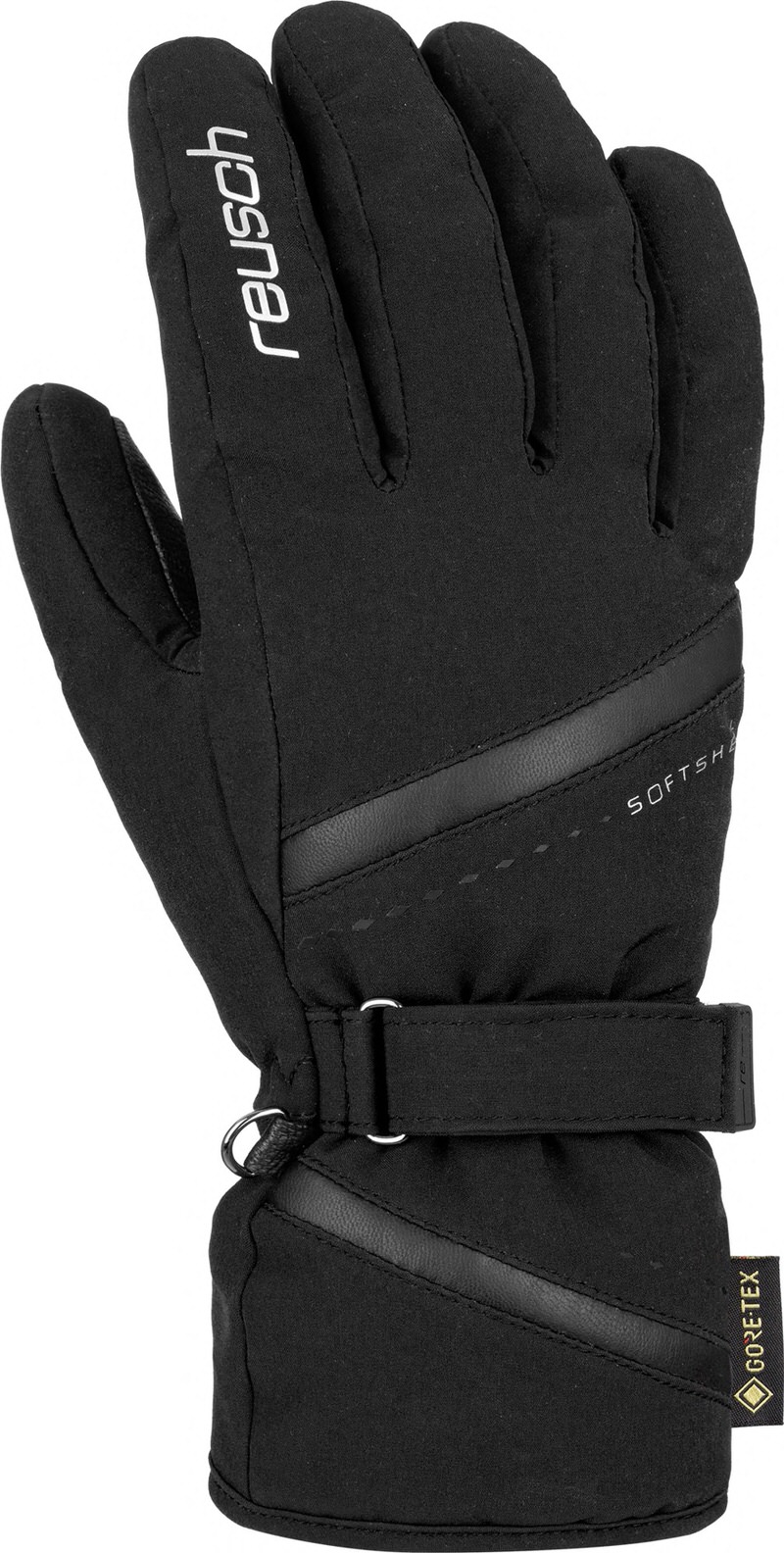 Schwarzer Reusch Alexa GTX Skihandschuh mit Handrücken, Gore-Tex Logo und Handgelenkschlaufe.