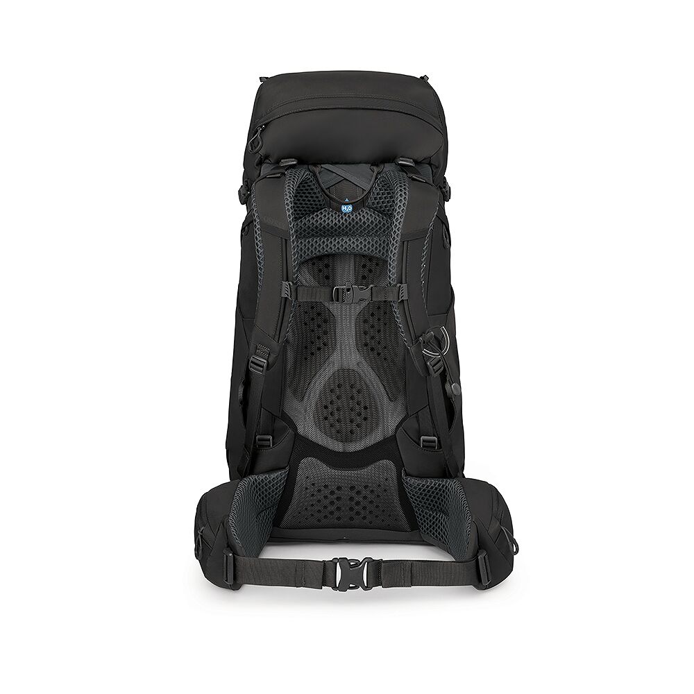 Schwarzer Trekkingrucksack mit ergonomischem Belüftungssystem, das eine gepolsterte Netzrückwand zeigt. Die verstellbaren Schultergurte und der Hüftgurt mit Schnalle sind ebenfalls gepolstert. Oben ist ein H₂O-Symbol für Trinksysteme zu sehen.