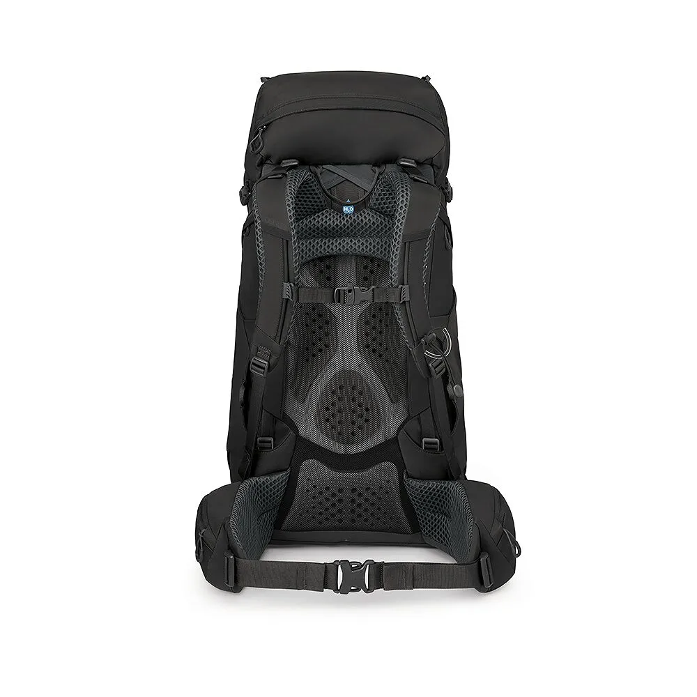 Black trekking backpack with an ergonomic ventilation system featuring a padded mesh back panel. The adjustable shoulder straps and the buckle-fastened hip belt are also padded. An H₂O symbol for hydration systems is visible at the top.