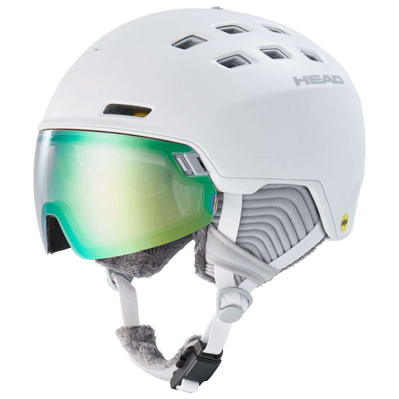 Weißer Skihelm Head Rachel 5K Photo Mips mit integriertem, grün getönten Visier und Belüftungslöchern.