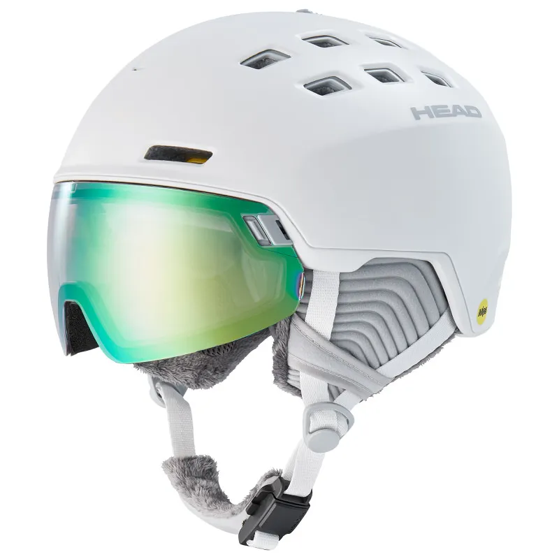 White Head Rachel 5K Photo Mips ski helmet with integrated, green-tinted visor and ventilation holes.