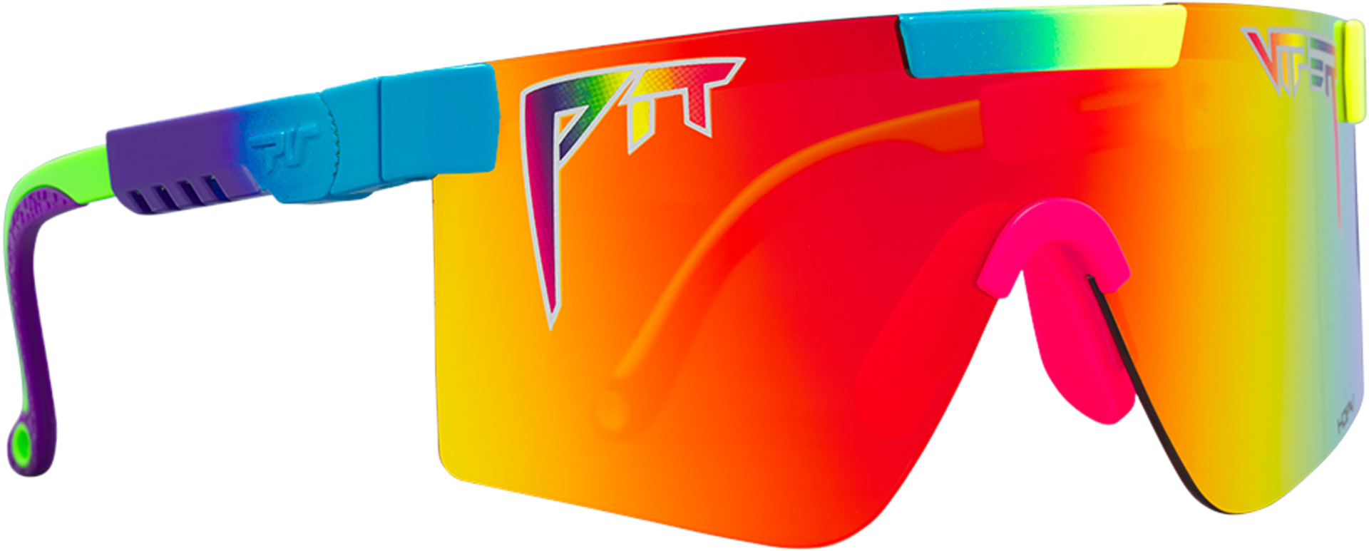 Polarisierte Regenbogen Sonnenbrille, farbenfroher Rahmen, breites Design, pinkfarbene Nasenpads, Markenzeichen auf dem Glas.