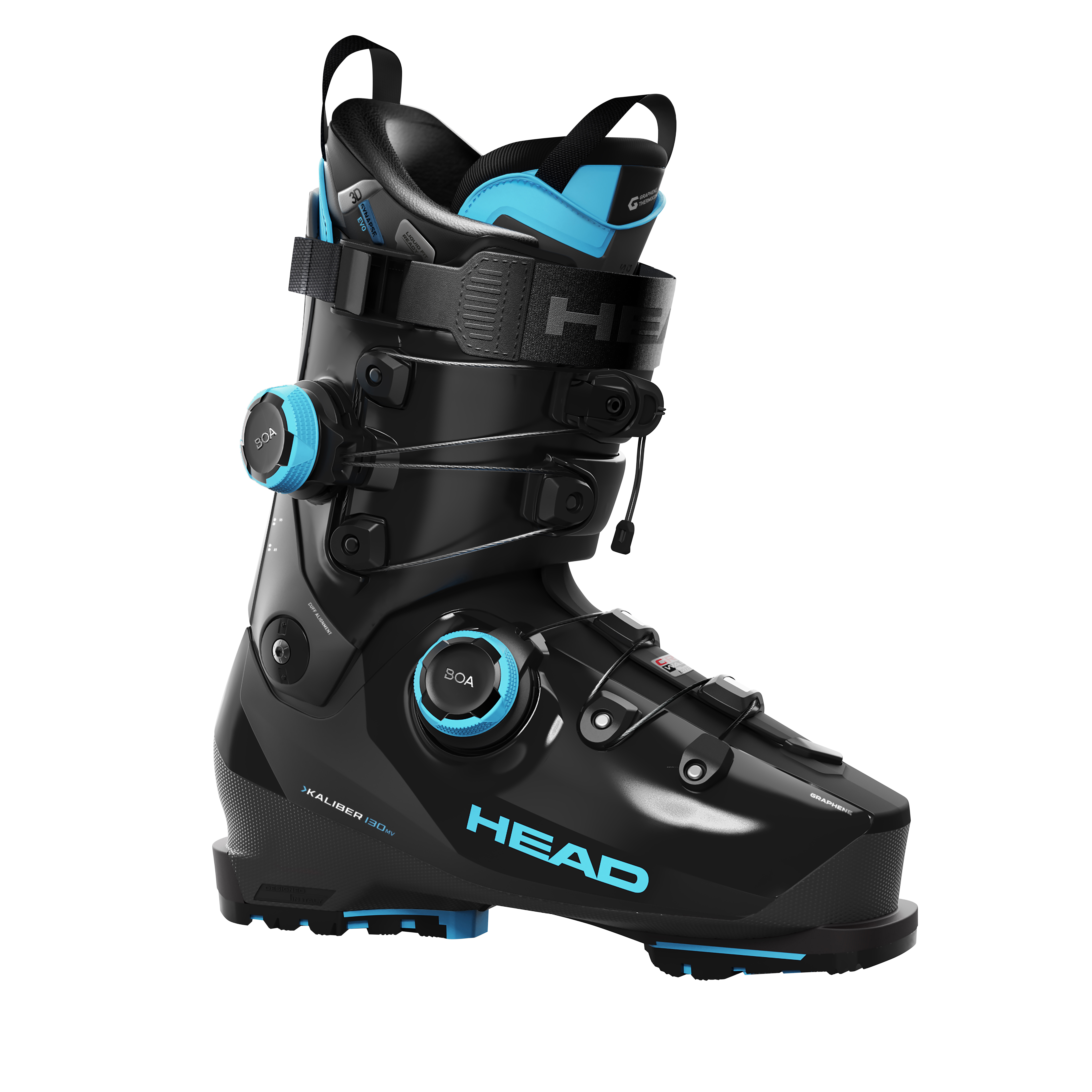 Head KALIBER 130 Skischuh Schwarzer Skischuh Head KALIBER 130 MV GW BOA2 mit blauem BOA Fit System, seitliche Ansicht.
