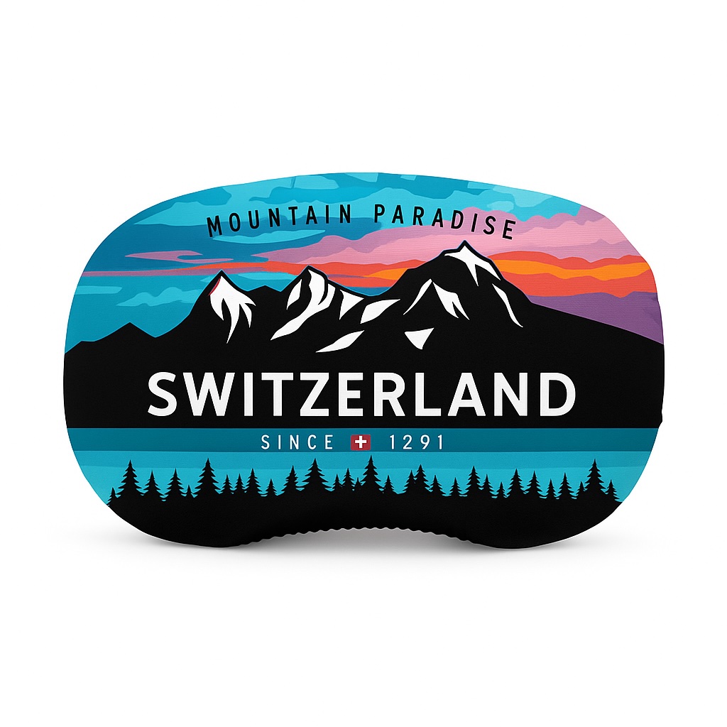 Stylized logo of mountains in front of a coloured sky, with the lettering "Switzerland", "Mountain Paradise" and "Since 1291".