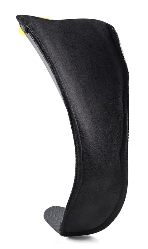 Black, curved headrest with fabric cover, profile view on white background.