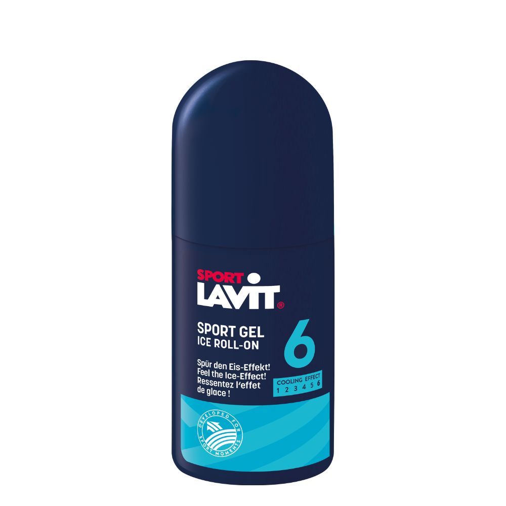 Gel sportif bleu foncé Emballage bleu foncé SPORT LAVIT Sportgel Ice Roll-on avec écriture blanche.