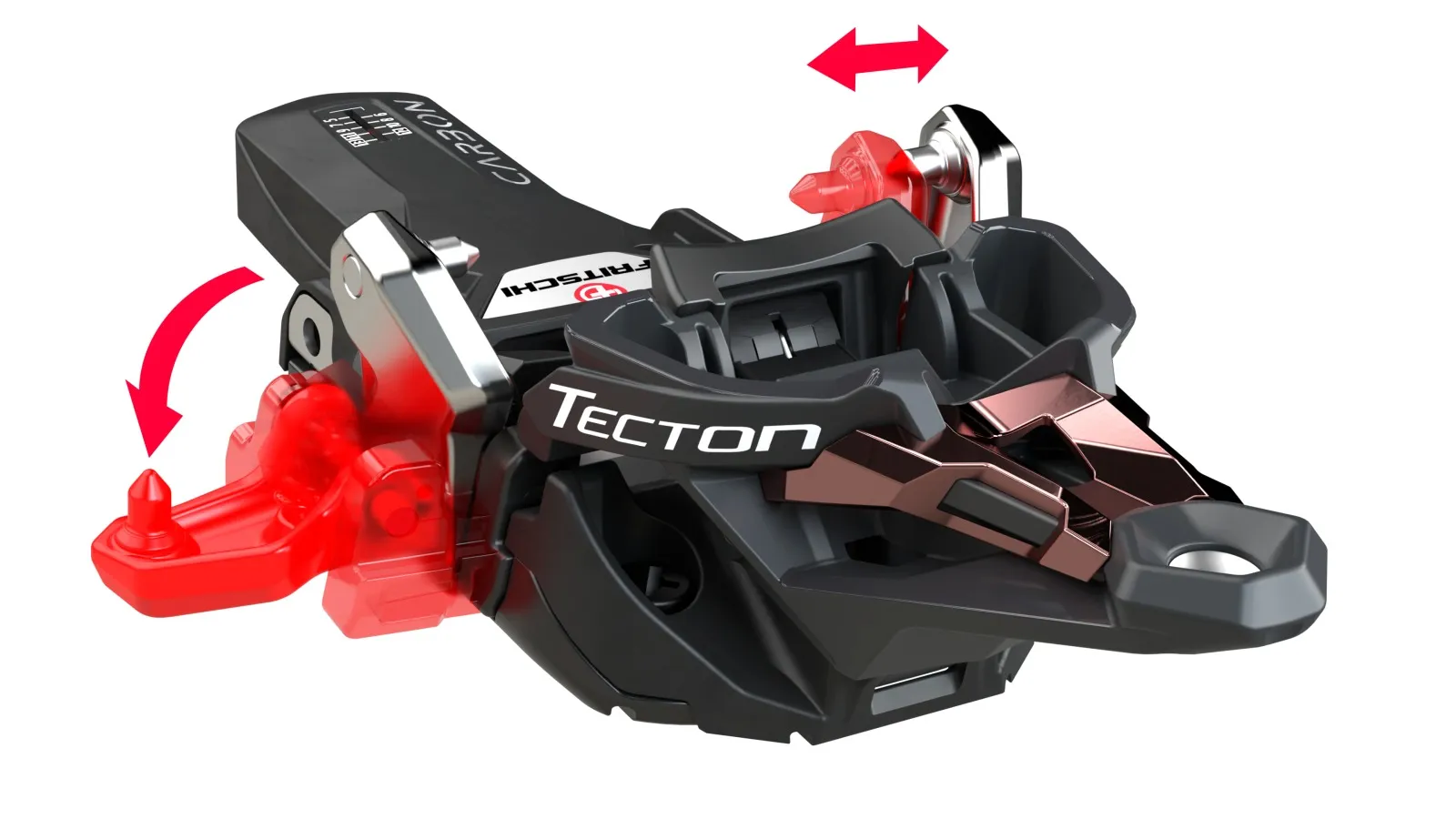 Close-up of a Fritschi Tecton 13 ski touring binding with red arrows indicating the direction of movement.