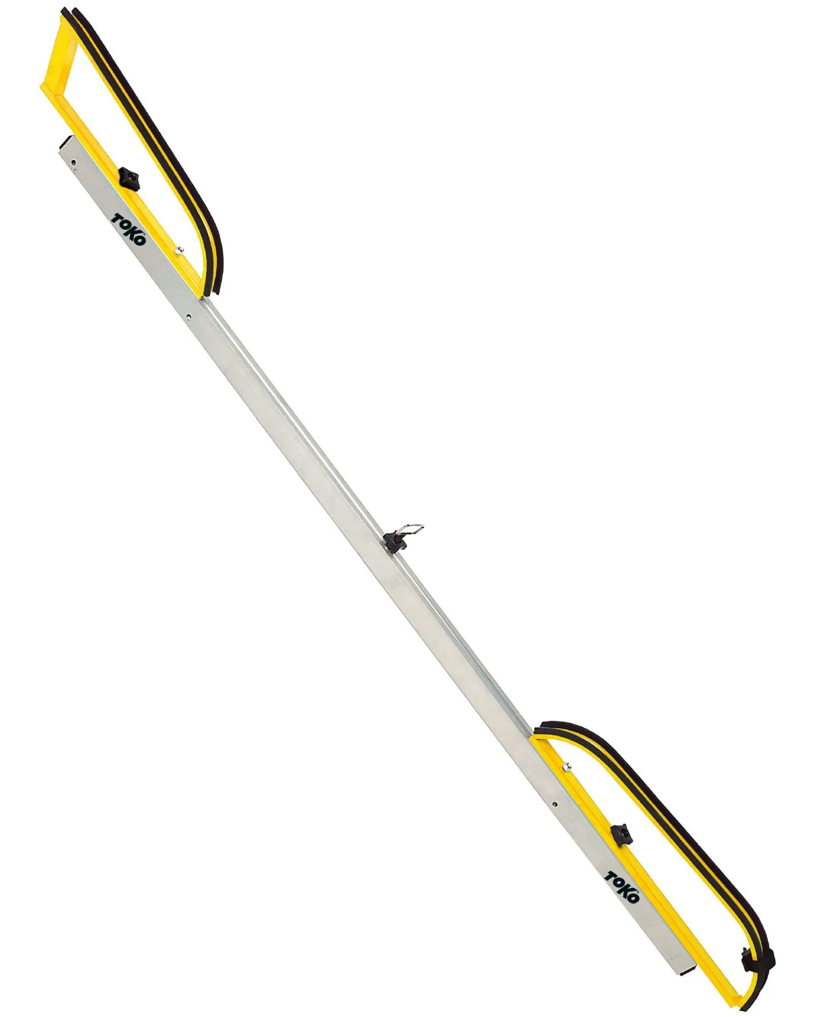 Cross-country ski profile: Silver aluminum construction with yellow brackets and black rubber pads for ski fixation.