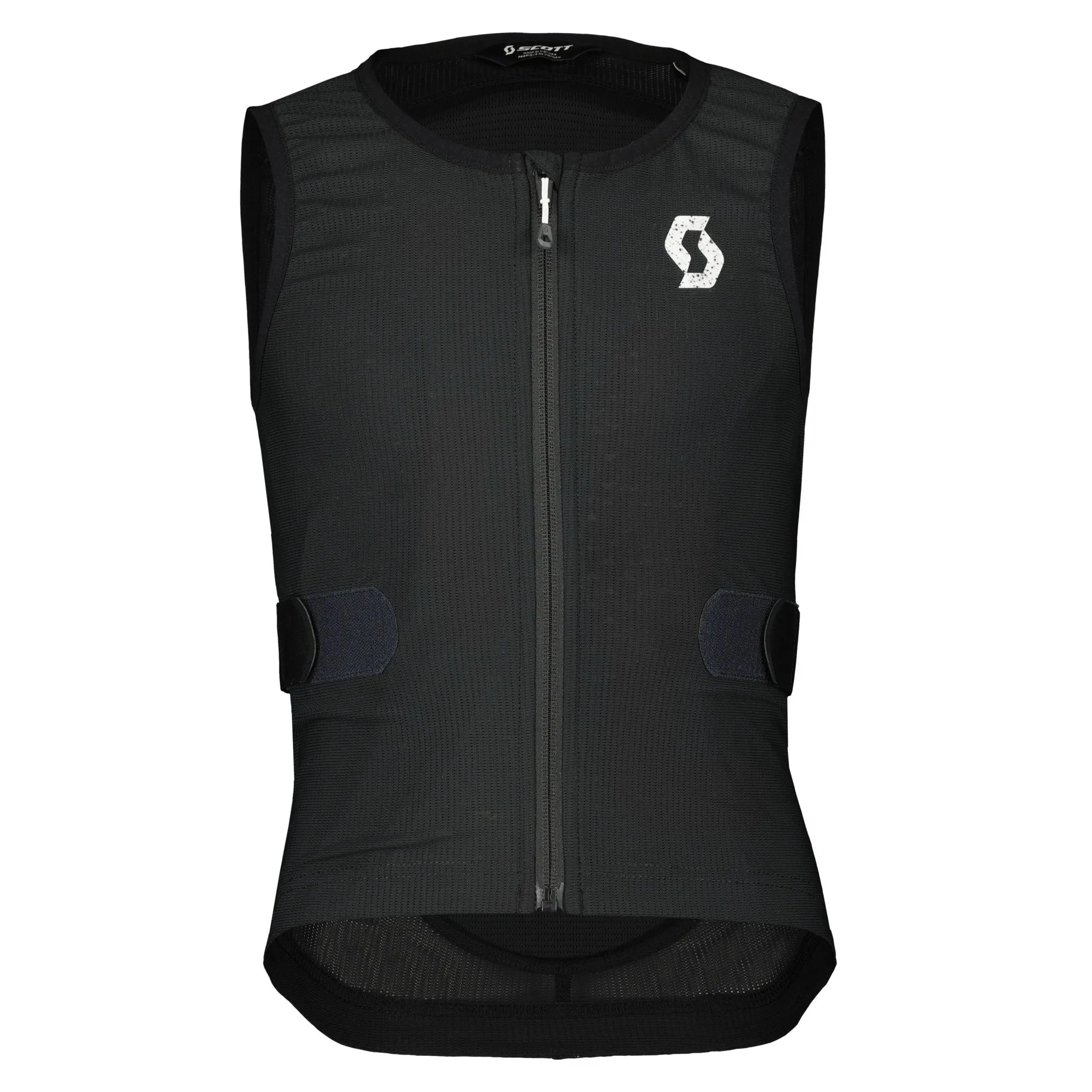 Schwarze SCOTT Airflow Junior-Weste mit Reißverschluss und Logo. Sichtbar sind seitliche Klettverschlüsse.