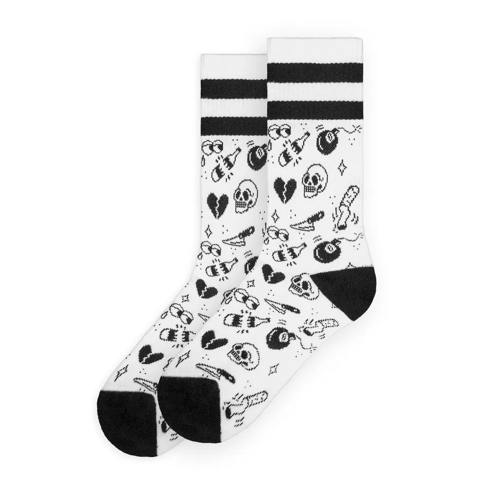 Two white "Flash Tattoo" socks with a black cuff and tattoo motifs such as skulls, hearts and knives.